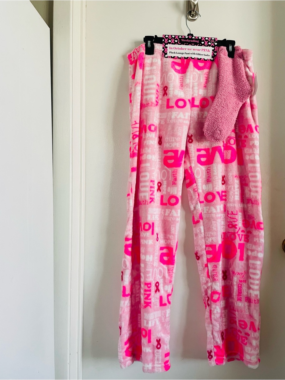 Cozy Pink Fleece Pajama Pants with Matching Socks - LOVE Print